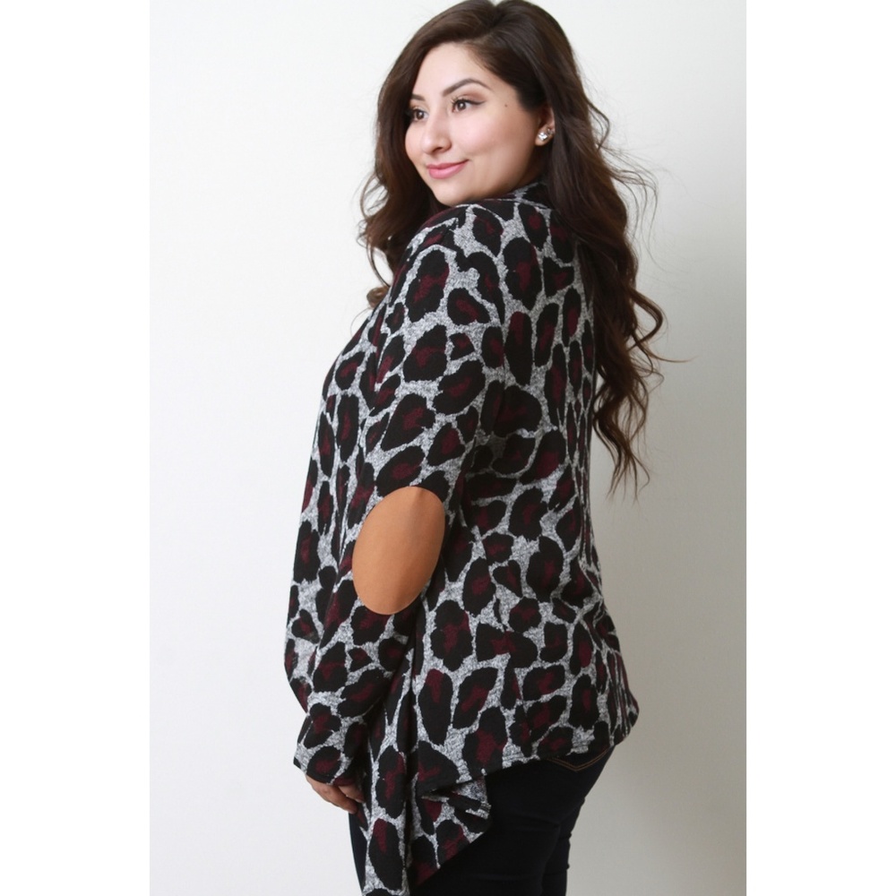 2x 3x Leopard Contrast Elbow Patch Open Cardigan - Picture 2 of 7